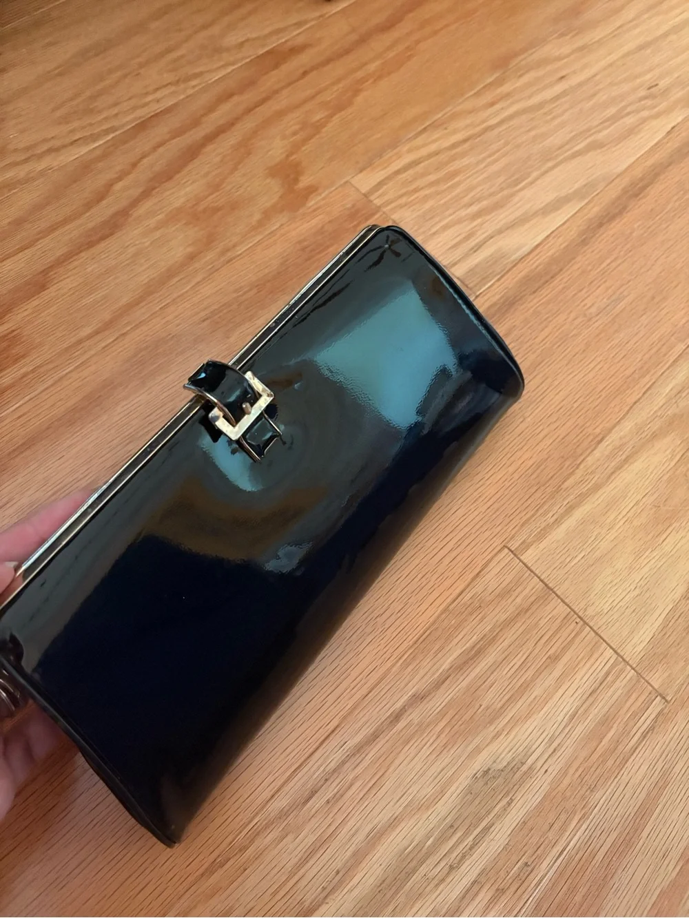 Vintage Black Patent Leather Clutch Bag with Gold Buckle